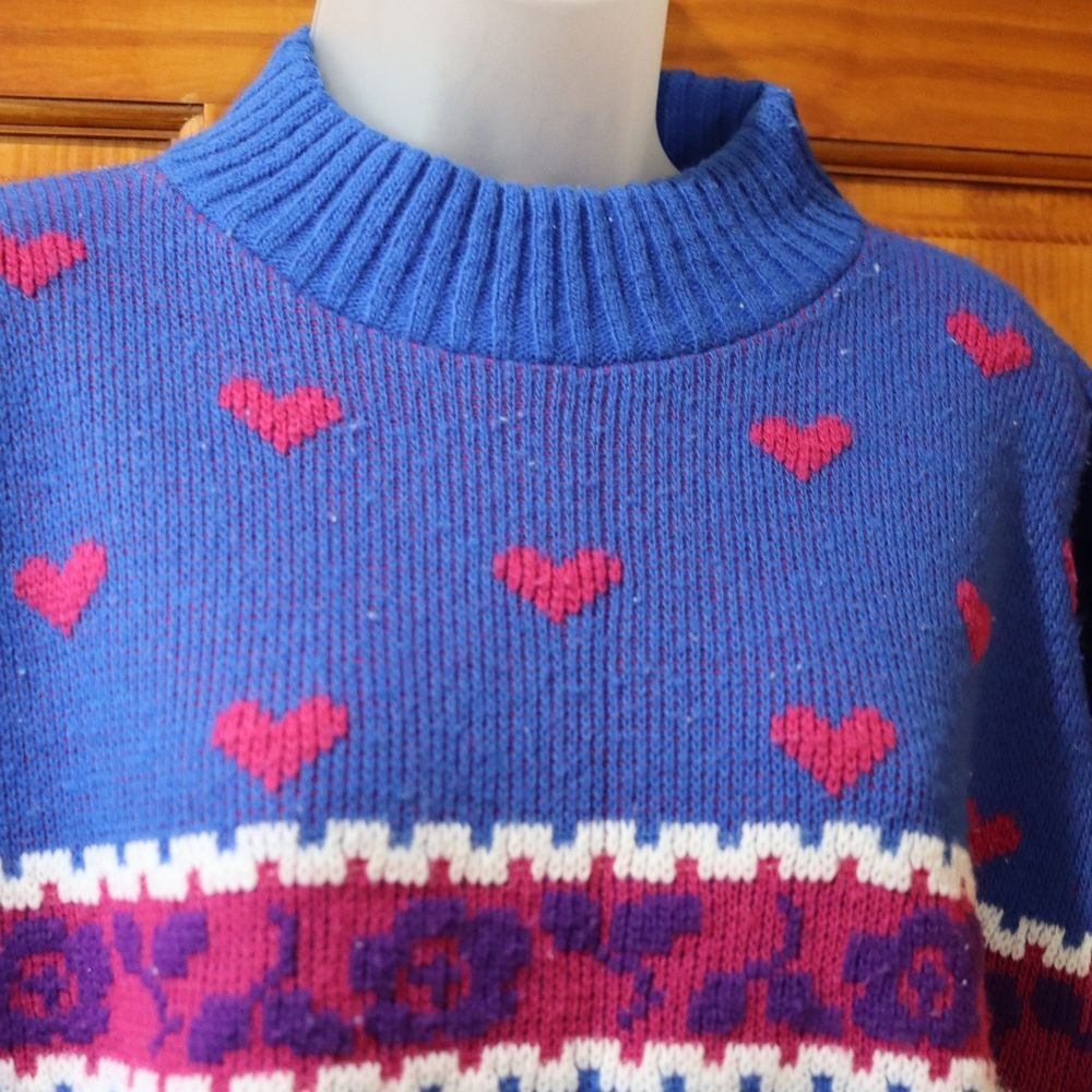 Private Eyes Vintage Blue Heart & Sheep Knit Sweater Retro Cozy Large USA - Picture 3 of 14